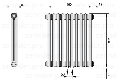 Схема (чертеж) Радиатор Zehnder Charleston 2075/10 №5410 Белый глянцевый RAL 9016